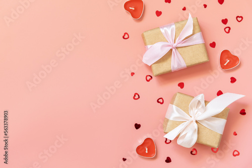 Valentine s Day background with gifts and hearts. Greeting card Valentine s day  Womans day  wedding  birthday or mothers day. View from above. Copy space.