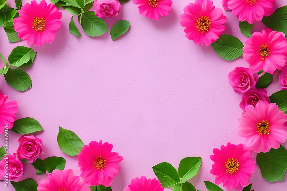 frame of flowers with a pink background