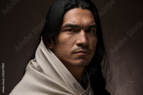 Close-up portrait of a handsome native american / indigenous man with long hair on a dark background, not based on a real person, Generative AI