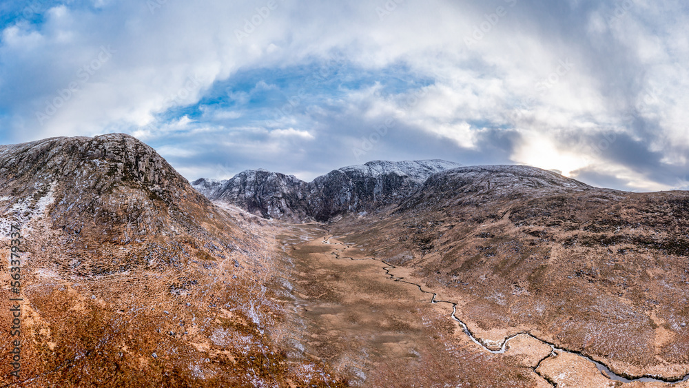 Fototapeta premium Aerial view of Poisen Glen next to Mount Errigal, the highest mountain in Donegal - Ireland.