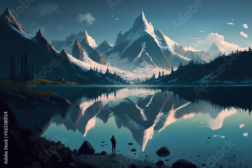 a painting of a landscape with mountains and a lake, art illustration 