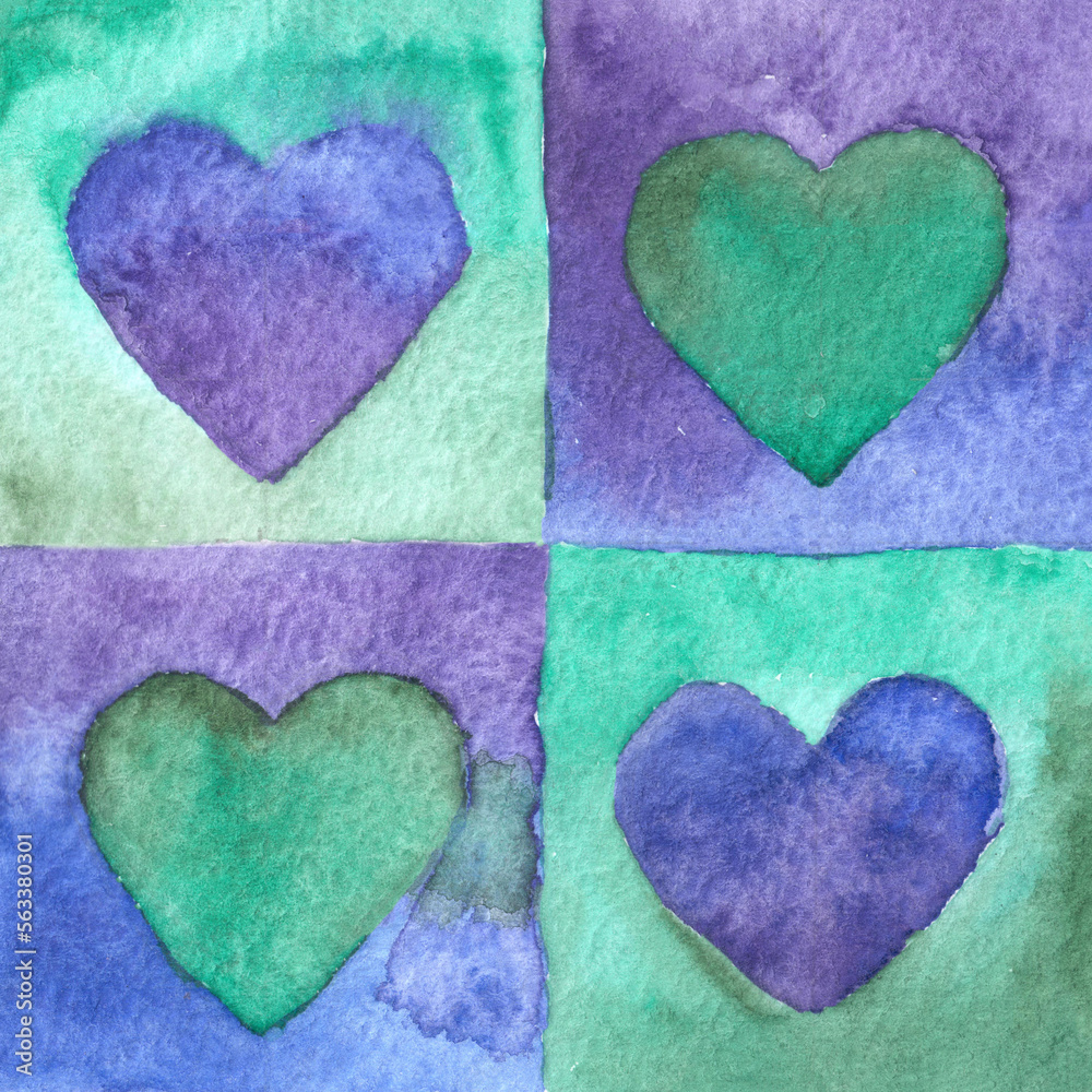 Watercolor card for celebrating Valentine's day, white background with little violet and green hearts.