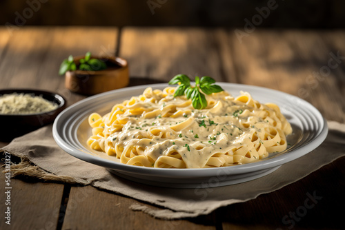  Pasta fettucine alfredo served on plate in restaurant. AI