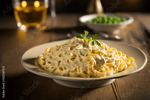  Pasta fettucine alfredo served on plate in restaurant. AI
