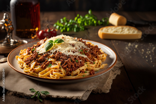 Beautiful bolognese pasta served on plate. AI