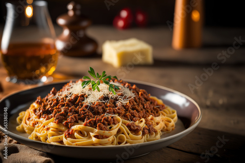 Beautiful bolognese pasta served on plate. AI