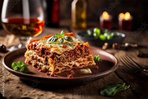 Beautiful lasagne served on plate. AI
