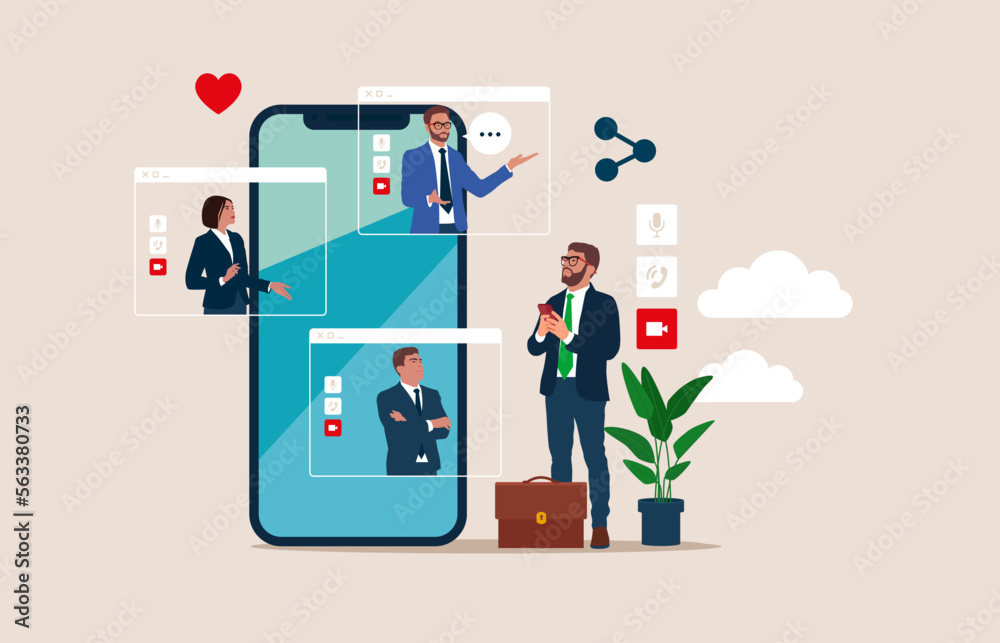 Business team on connected screens. Online internet chat communication. Flat vector illustration.