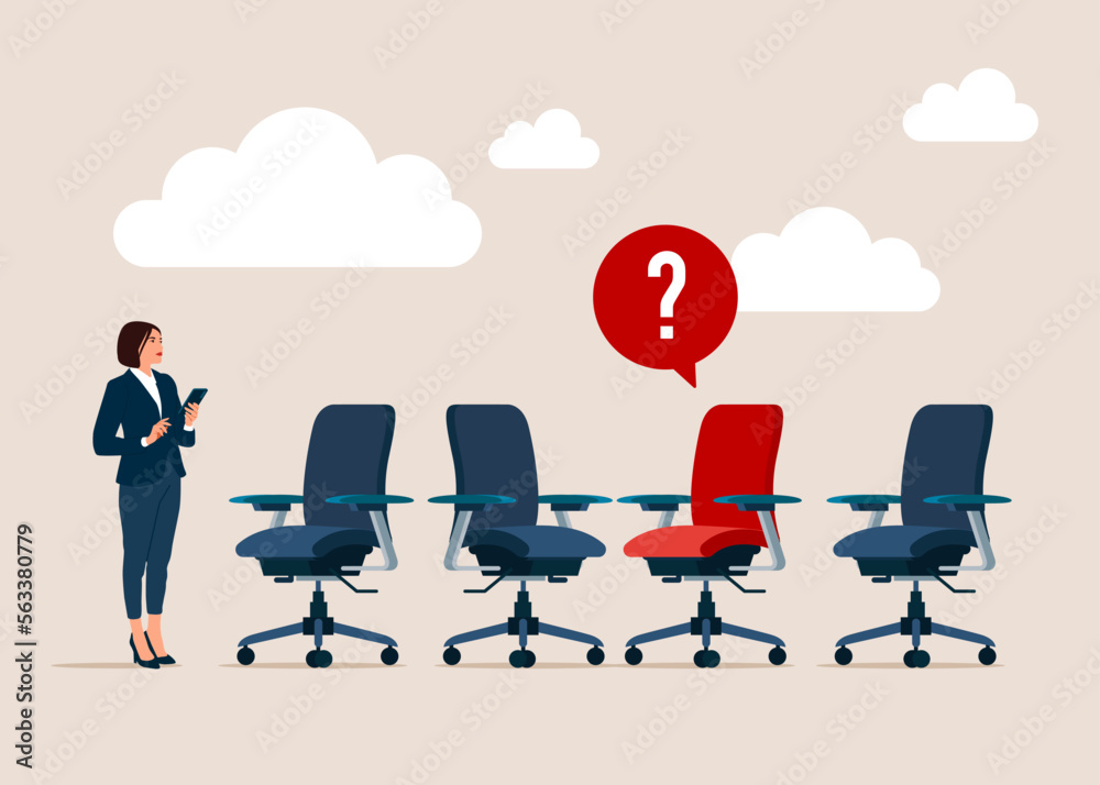 Search for new talent and best candidate. Open vacancy and empty company chair as hiring symbol. Modern flat vector illustration.