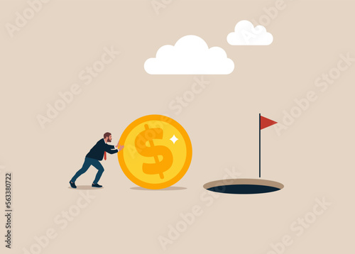 Entrepreneur investor pushes push dollar. Action towards business goals. Success is not far away. Flat vector illustration.