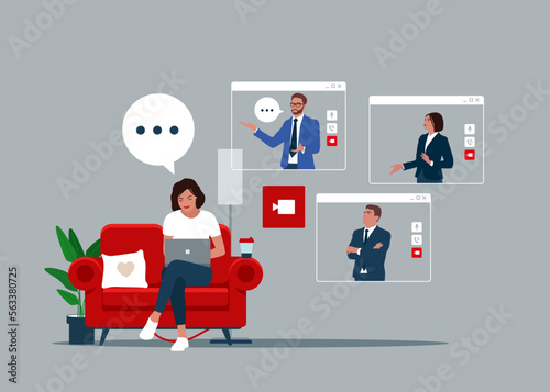 Video conference. Stay and work from home. Virtual meeting. Flat vector illustration.