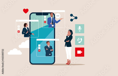 Online internet chat communication. Business team on connected screens. Modern flat vector illustration.