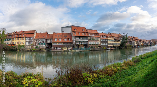 Panoramic view of Colorful houses at Linker Regnitzarm riverbank - Bamberg, Bavaria, Germany