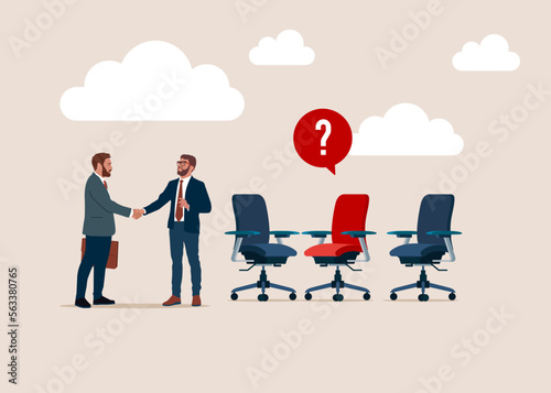 Two businessmen shake hands and agree to do business. Open vacancy and empty company chair as hiring symbol. Search for new talent and best candidate. Flat vector illustration.