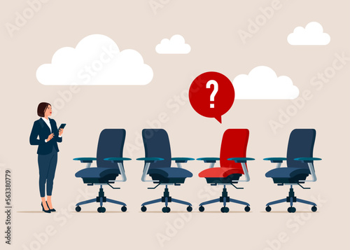 Search for new talent and best candidate. Open vacancy and empty company chair as hiring symbol. Modern flat vector illustration.