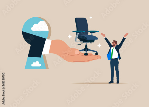 Boss helping hand give management chair to happy office businessman worker. Career advancement, job promotion.  Flat vector illustration.