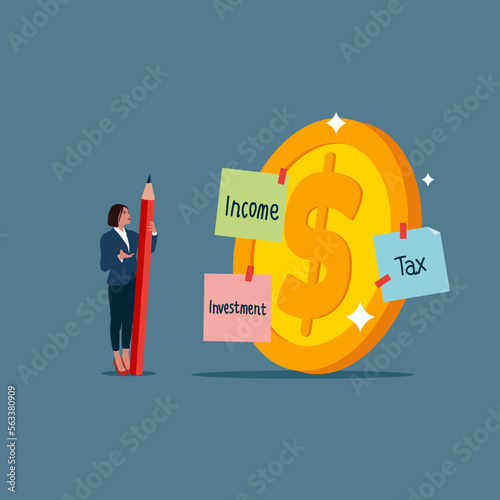 Businesswoman is splitting his expenses from giant gold dollar coins. Income, investment, income after tax. Flat vector illustration.
