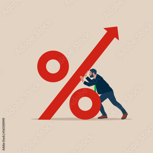Businessman push percent arrow increasing interest rate in market. Flat vector illustration