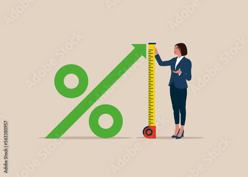 Businesswoman using tape measure to measure the height of the percentage symbol. Growth in investment. Flat vector illustration.