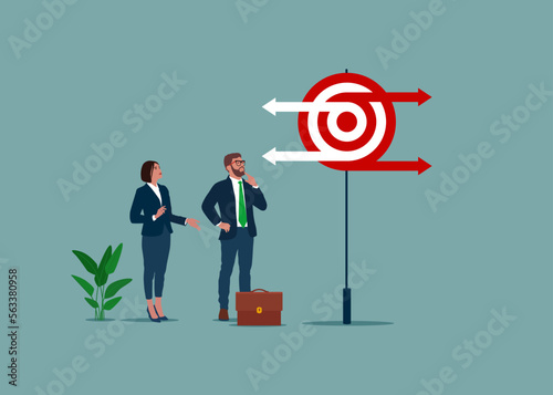 Business team choose between 2 direction. Choosing between 2 choices, make decision to the left or right. Target arrow random direction. Flat vector illustration.