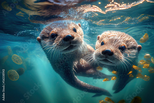 2 otter babies in the water, Generative AI photo