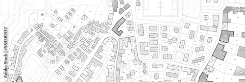 Black and white imaginary cadastral map of territory with buildings, roads and land parcel - Imaginary cadastral map of territory with buildings, roads and land parcel - Web banner design concept photo