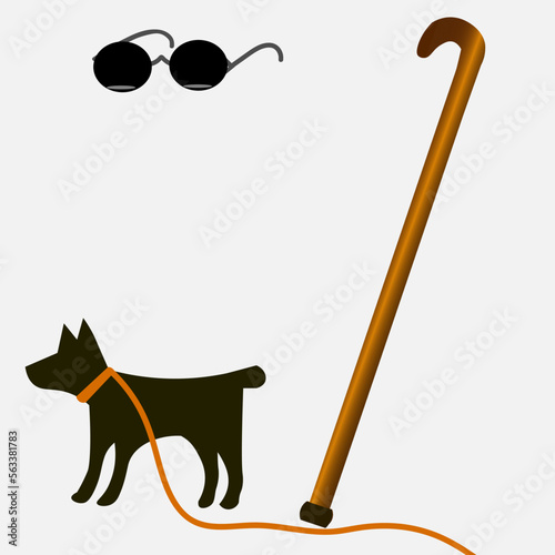  On a white background, black glasses, a cane and a guide dog with a leash.