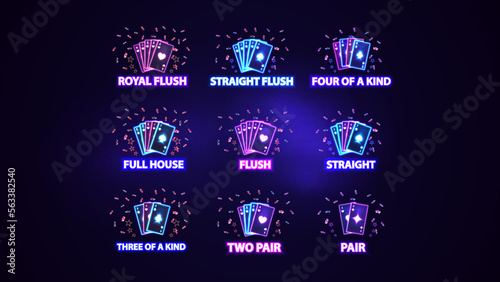 Full set of neon poker hand rankings signs. Pink and blue shine neon casino playing cards