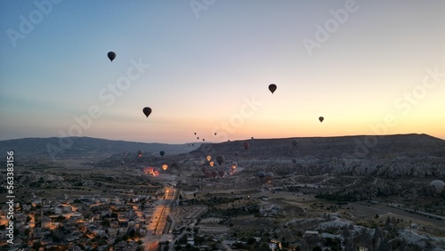 Incredible sunrise and balloons over the hills in Cappadocia. The view from the drone.