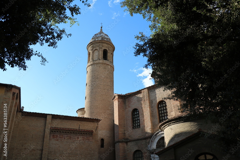 View to bell tower of San Vitale church in Ravenna, Emilia Romagna Italy