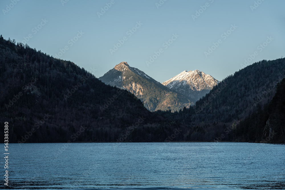Alpsee lake with Vilser Kegel and Brentenjoch peaks of Alps Tannheim Mountains - Schwangau, Bavaria, Germany