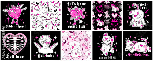 Goth Valentine's day concept.Black and pink glam love stickers.Groovy cartoon fun valentine cards, seamless backgrounds, square posts, print. Y2k characters, kawaii hearts, teddy devil toys.