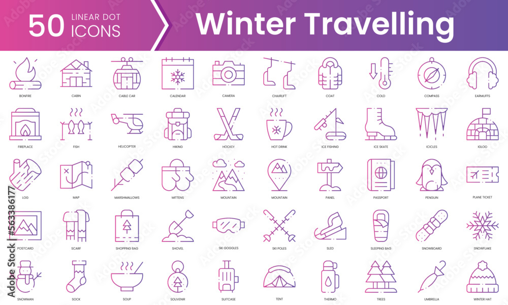 Set of winter travelling icons. Gradient style icon bundle. Vector Illustration