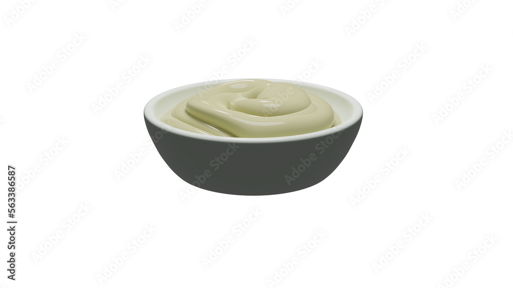 Mayonnaise white sauce in a white ceramic bowl isolated on transparent background. Minimal concept. 3D render Mayonnaise white sauce in a white ceramic bowl isolated on transparent background. Minimal concept. 3D render