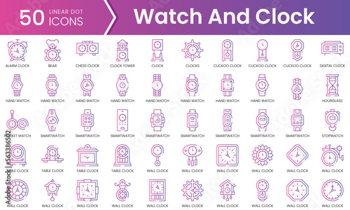 Set of watch and clock icons. Gradient style icon bundle. Vector Illustration