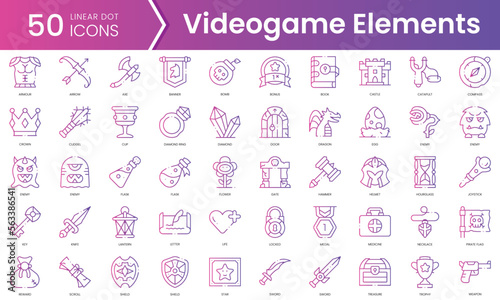 Set of videogame elements icons. Gradient style icon bundle. Vector Illustration