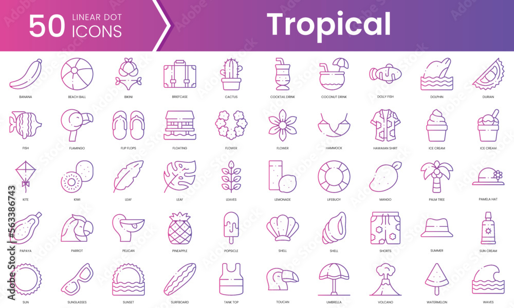 Set of tropical icons. Gradient style icon bundle. Vector Illustration