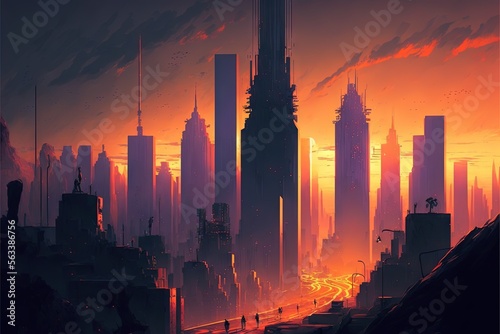  a city with tall buildings and a red sky at sunset with a red light in the distance and a red light in the foreground, with a red light at the top. Generative AI