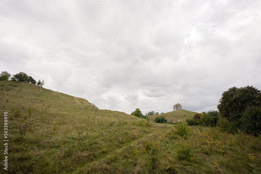 Pidkamin inselberg stone on hill landscape. Ukraine.