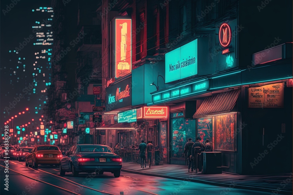  a city street at night with neon lights and a car parked on the side of the street and people walking on the sidewalk in the street and a few cars on the street with people. Generative AI