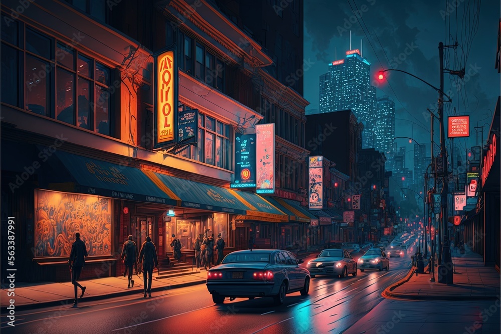 Fototapeta premium a painting of a city street at night with cars and people walking on the sidewalk and a neon sign on the building across the street from it that reads, and a man walking down. Generative AI