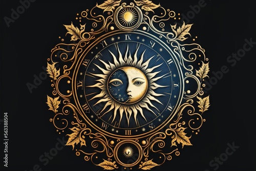  a golden sun and moon with a black background and gold leaves around it, with a black background and gold border around the sun and moon with a gold border around the sun and a. Generative AI © Anna