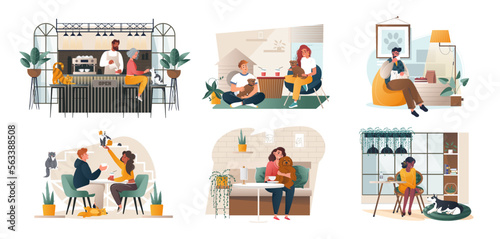 Cute cozy pet-friendly coffee shop with funny cats, dogs and their owners set of vector cartoon illustrations. Cute young couple, men and women resting in the pet friendly cafe. Restaurant with pets.