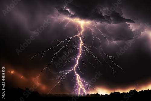  a lightning storm is seen over a forest at night time with a black sky and clouds in the background and a dark orange and yellow hued sky with a few white clouds and a. Generative AI © Anna