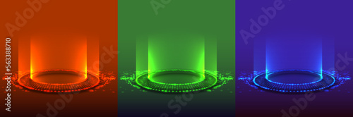 Set of futuristic technology podium. Red green and blue neon glowing rings on floor made of particles with dept of field for gaming product presentetion. Round pedestal. Futuristic product stand