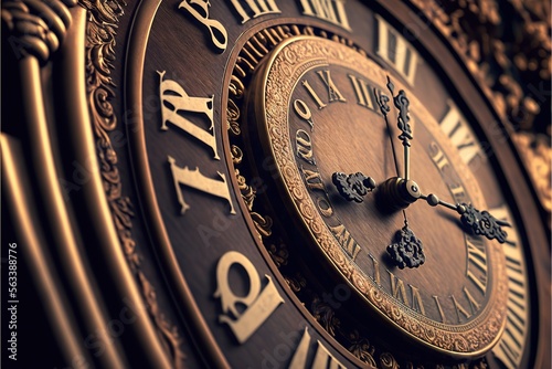  a close up of a clock with roman numerals on it's face and hands and a gold background with a black background and white clock face with roman numerals and numbers. Generative AI