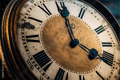  a close up of a clock with roman numerals on it's face and hands, with a blue background and a blurry background of a dark sky and a few clouds.