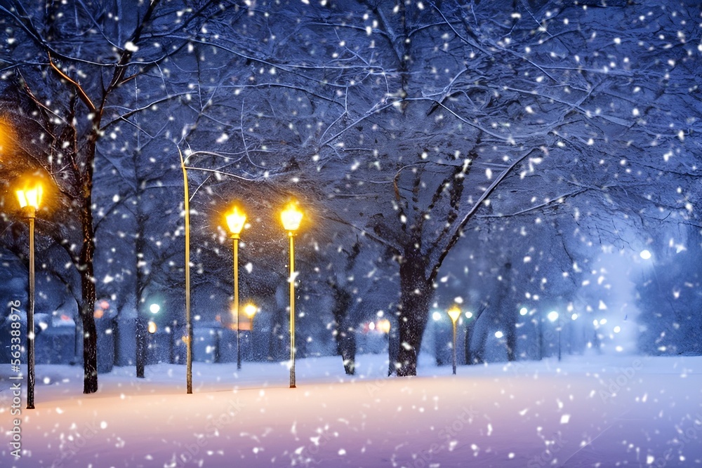 AI generated illustration winter evening with warm laterns and snow