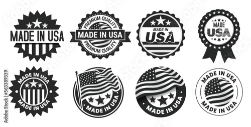 Black and white color of collection of Made in USA badge, emblem, sticker set with American flag isolated on white background.
