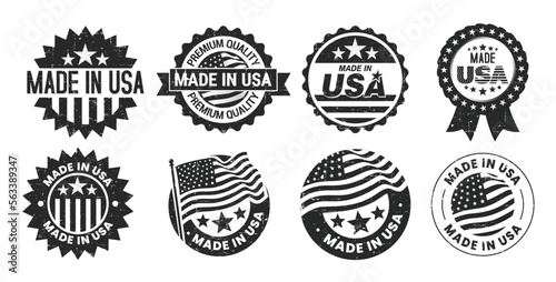 Black and white color of grunge collection of Made in USA badge, emblem, sticker set with American flag isolated on white background.
